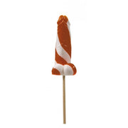 Orange and white striped penis-shaped lollipop on a stick.
