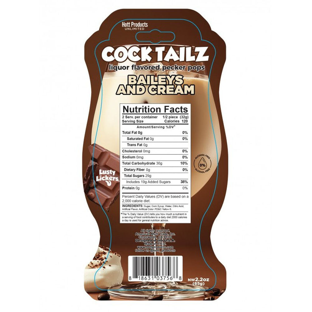 Baileys & Cream liquor flavored pecker pops with nutrition facts.