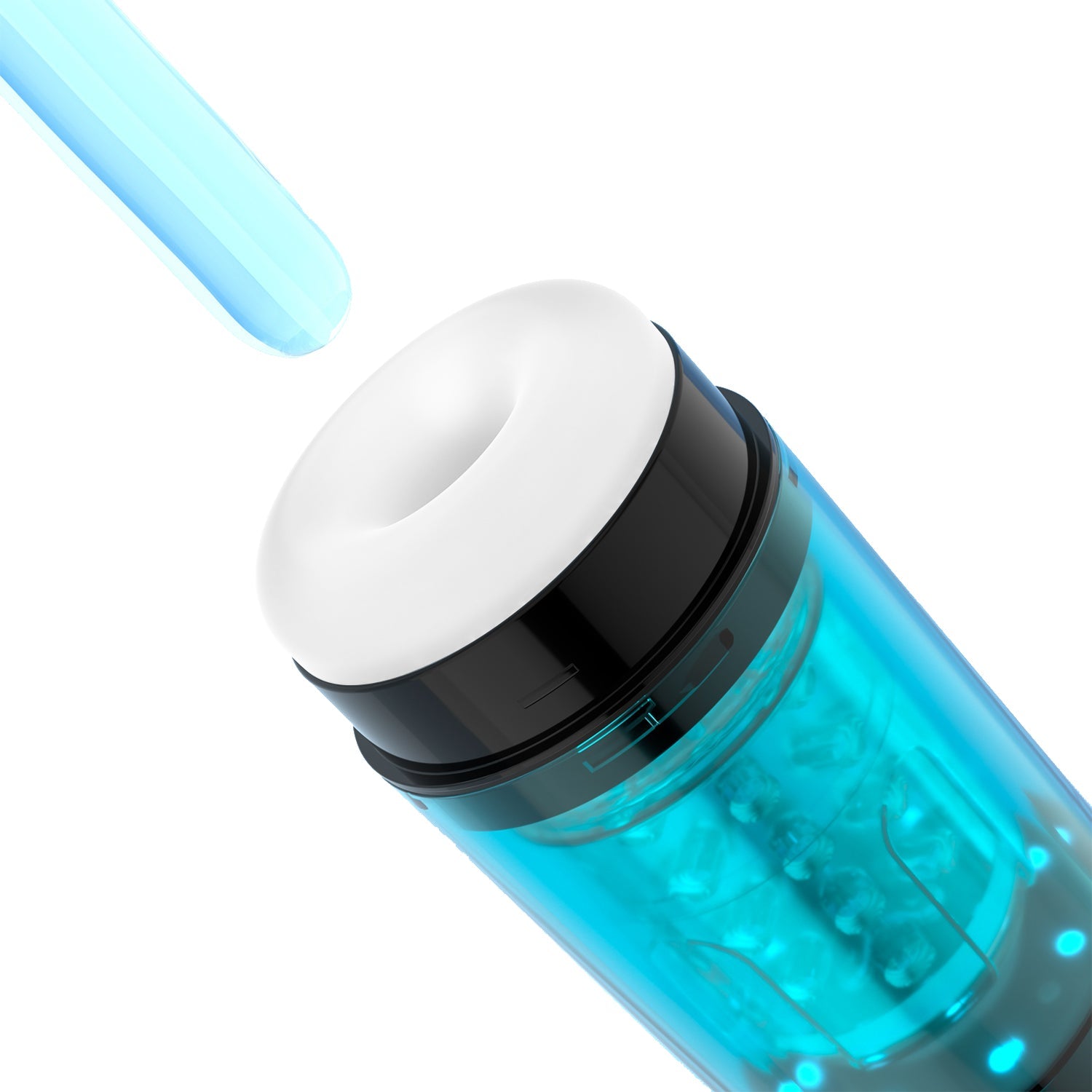 Blue rotating water massage male masturbator with white opening.
