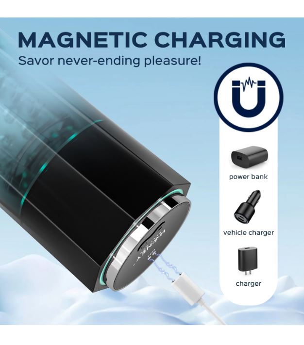 A black and silver male masturbator with magnetic charging options.