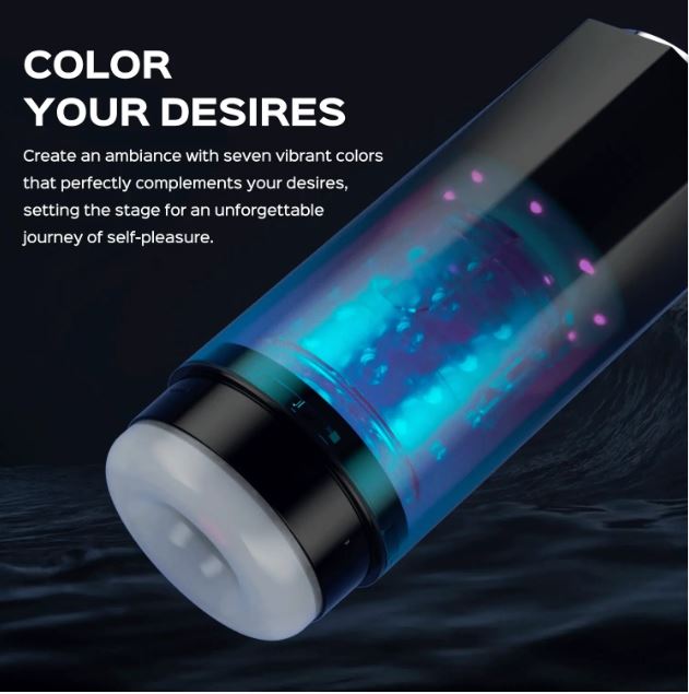 A clear cylinder masturbator with blue and purple lights inside, and a white opening.