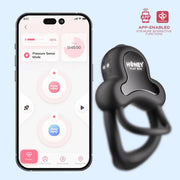 App-controlled double cock ring with 9 vibrations shown next to a smartphone app.