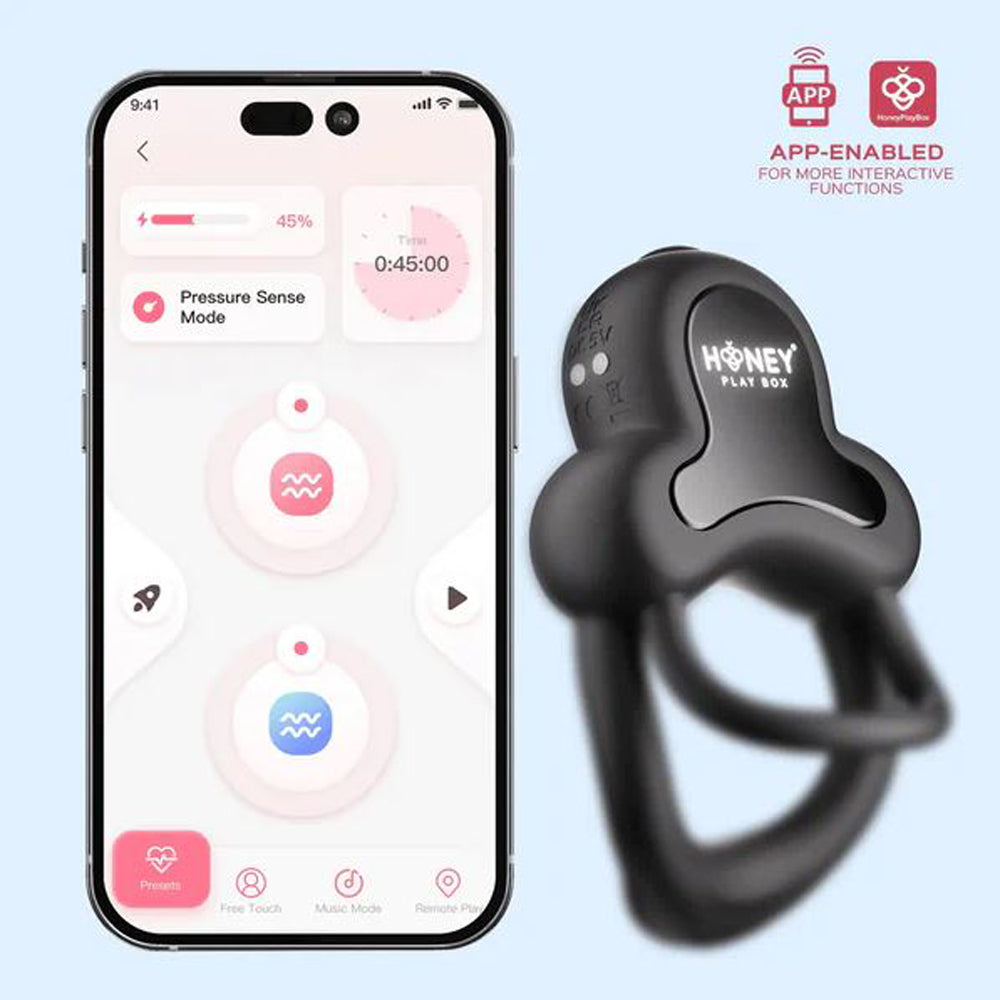 App-controlled double cock ring with 9 vibrations shown next to a smartphone app.
