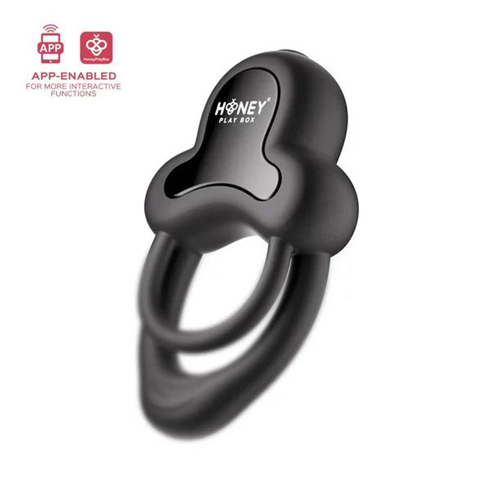 App-controlled black double cock ring with two loops.