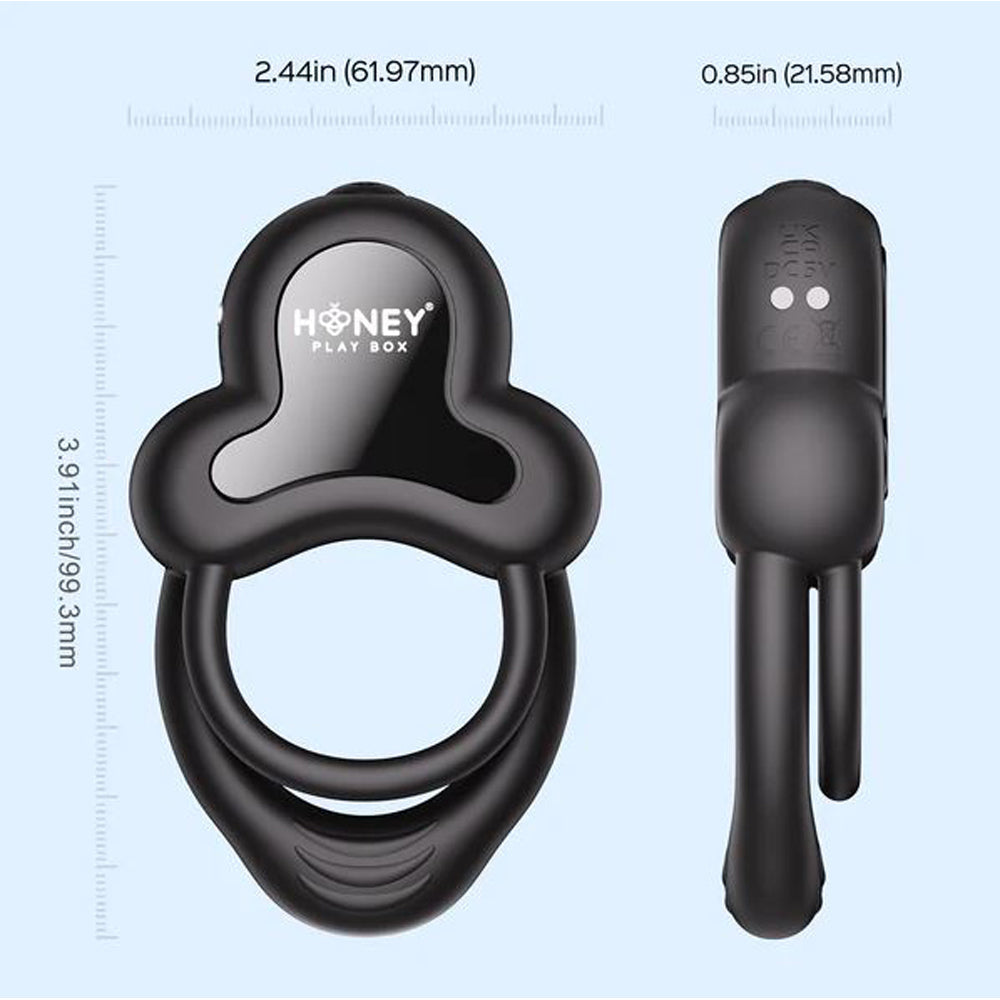 App-controlled double cock ring with dimensions shown.