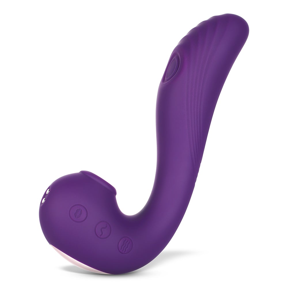 A purple, curved G-spot and clitoral stimulator with textured patterns and button icons.