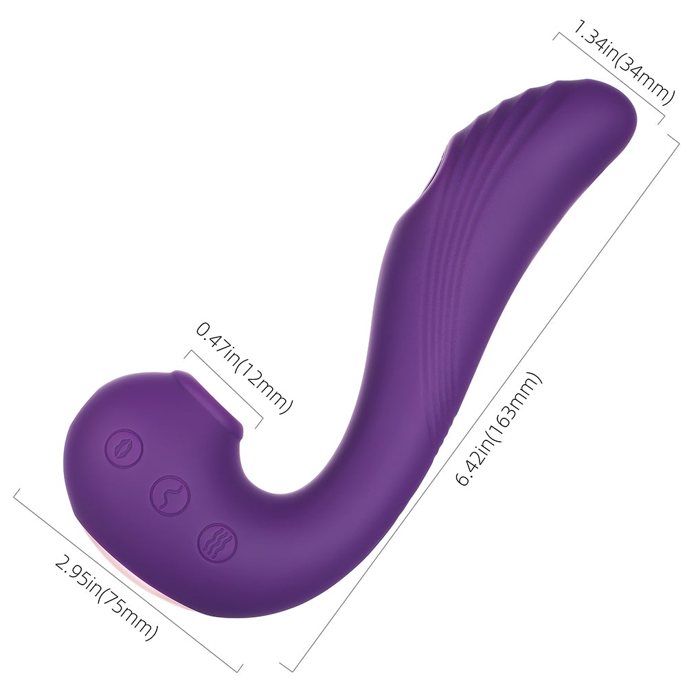 Purple silicone G-spot and clitoral stimulator with three buttons and measurement callouts.