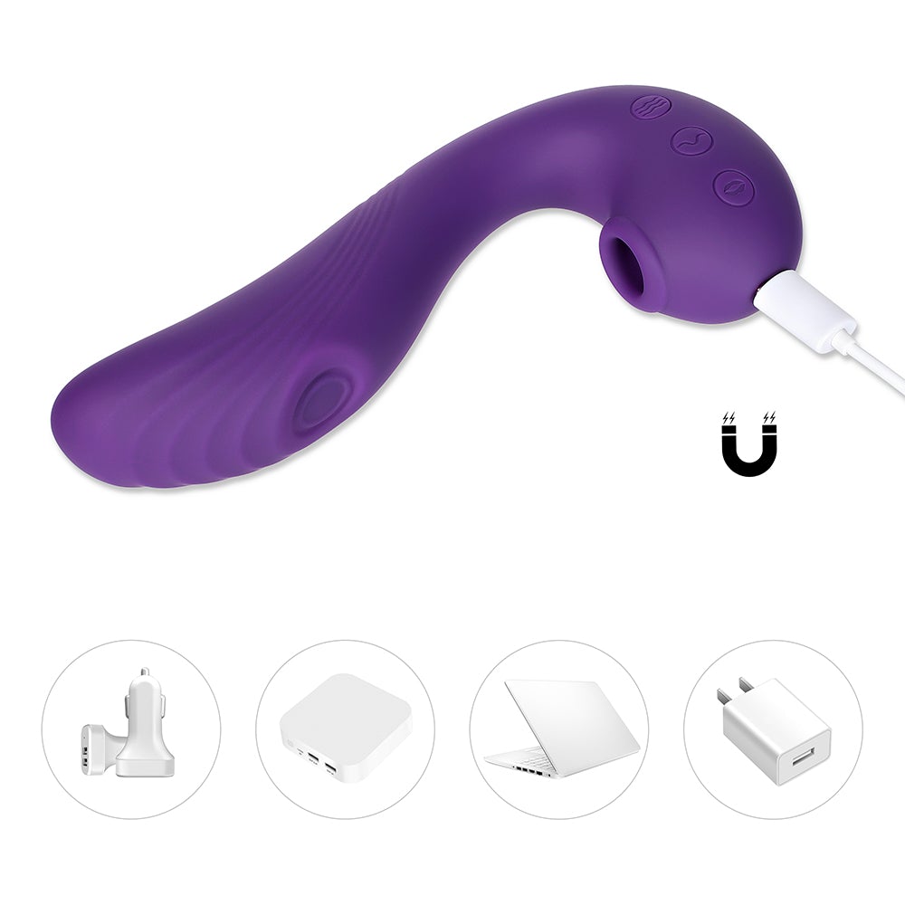 Purple curved stimulator with charging cable and charging options.