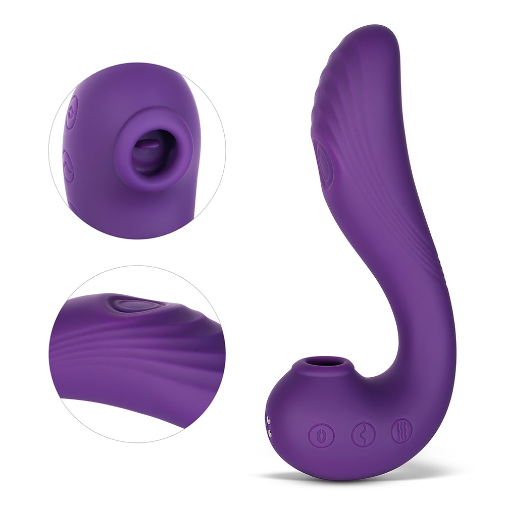 Purple silicone G-spot and clitoral stimulator with textured surface.