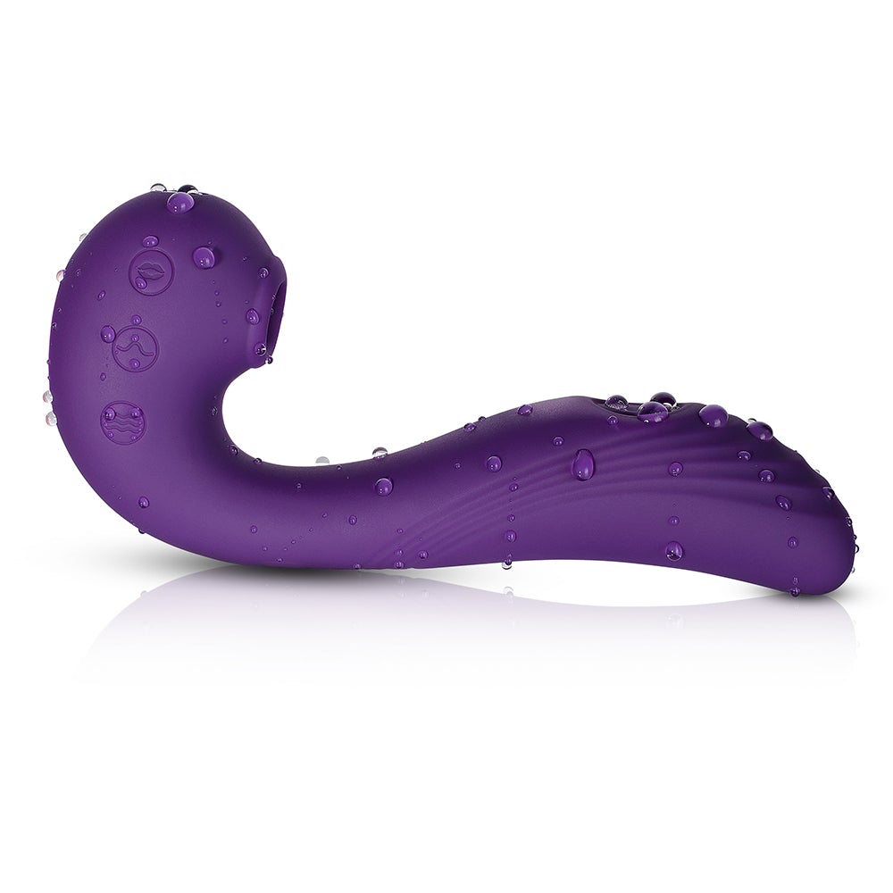 Purple silicone G-spot and clitoral stimulator with water droplets.