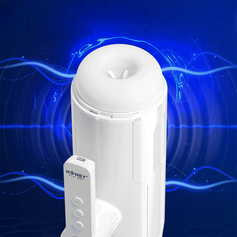 White automatic thrusting male masturbator with remote control on blue background.