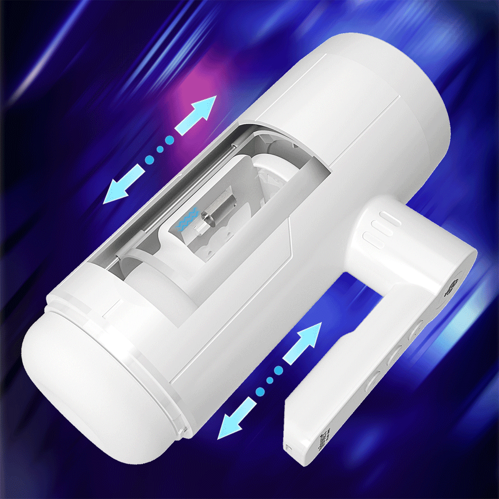 White rechargeable automatic thrusting male masturbator with ergonomic handle and open sleeve.