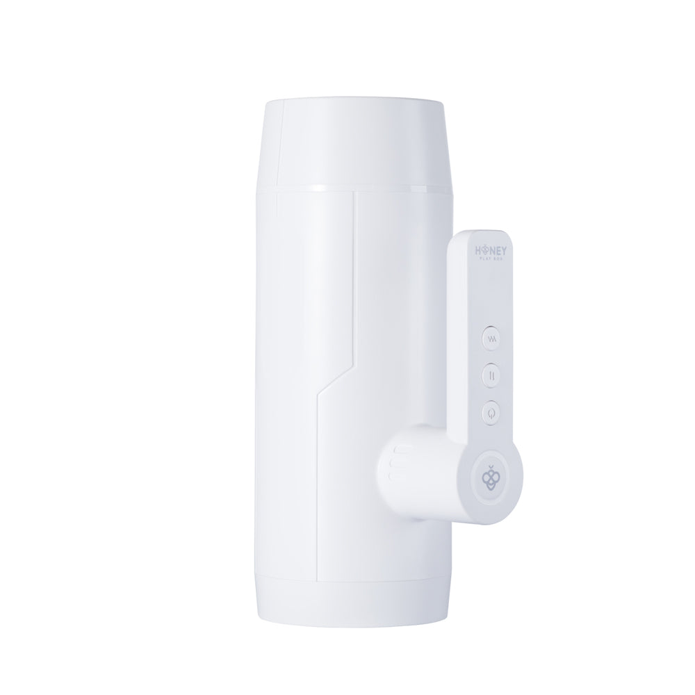 White automatic thrusting male masturbator with a remote control.