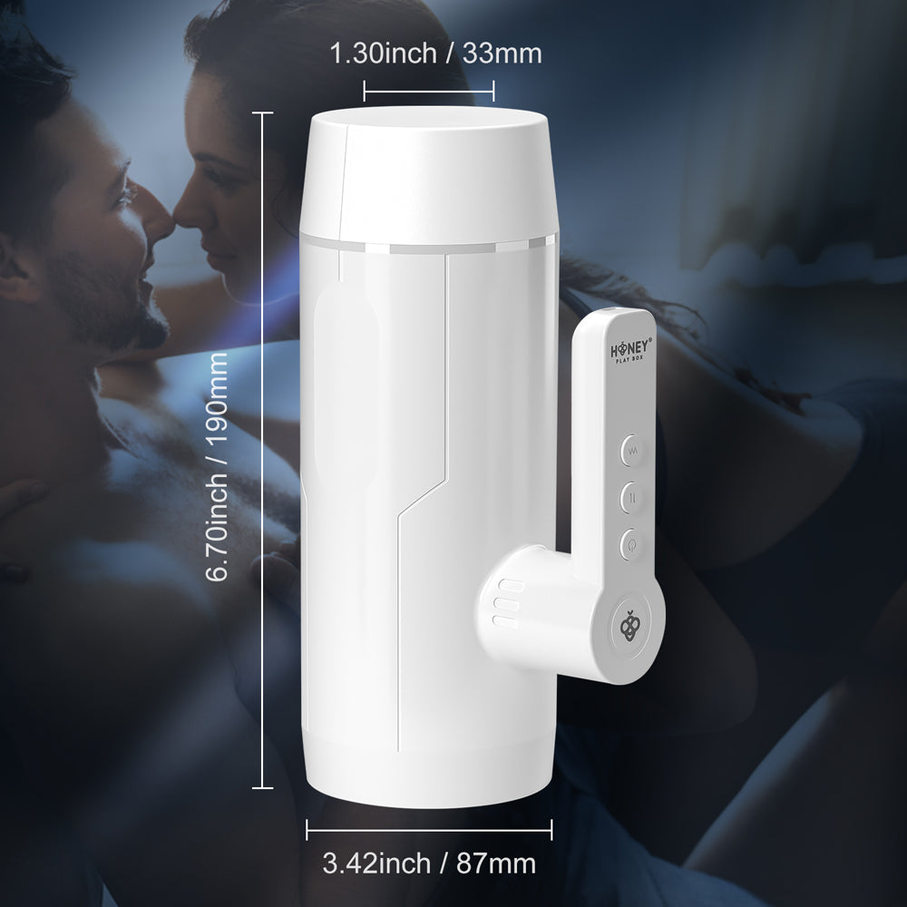 Automatic thrusting male masturbator with dimensions shown.