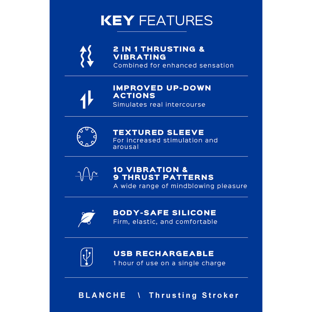 Key features of a rechargeable male masturbator with thrusting and vibrating actions.