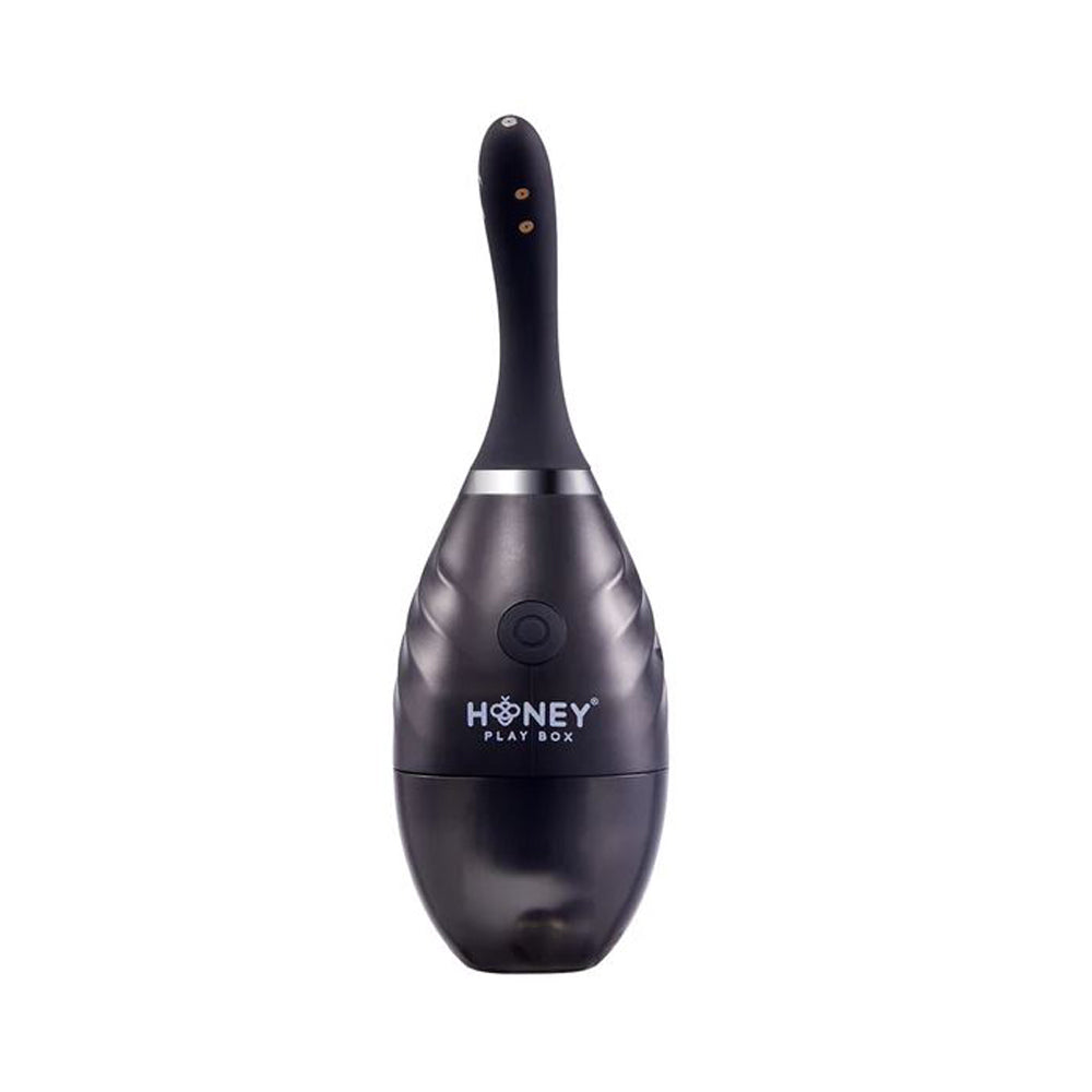Black anal douche system with a curved nozzle and the "Honey Play Box" logo.