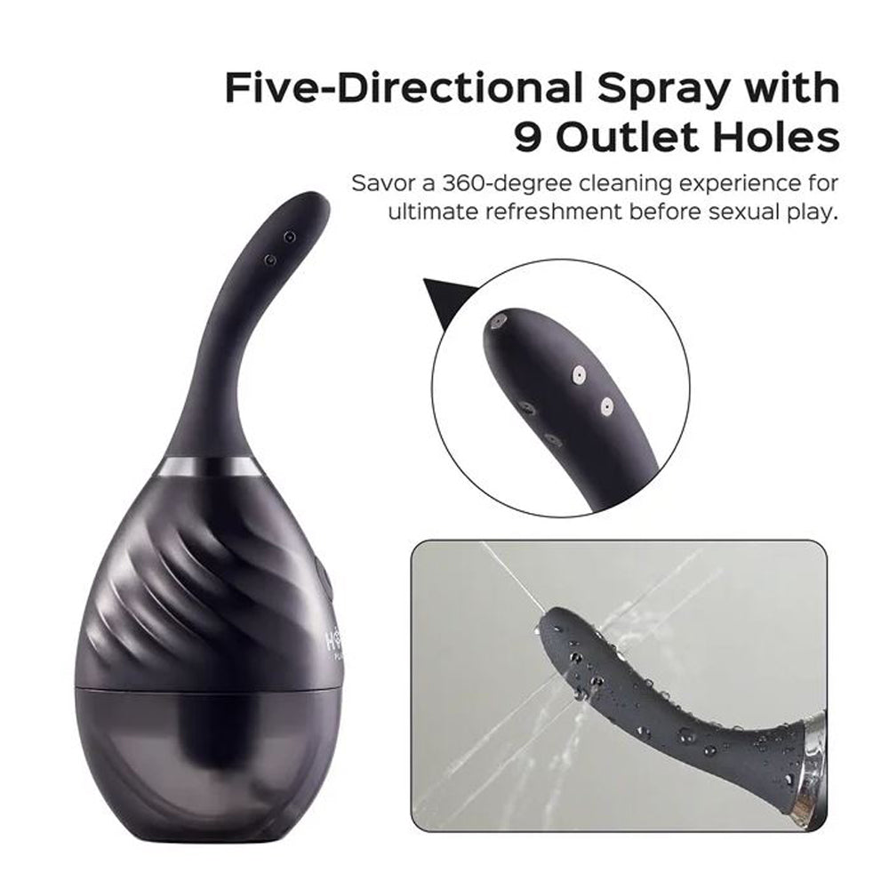 A black anal douche system with a curved nozzle and multiple spray holes.