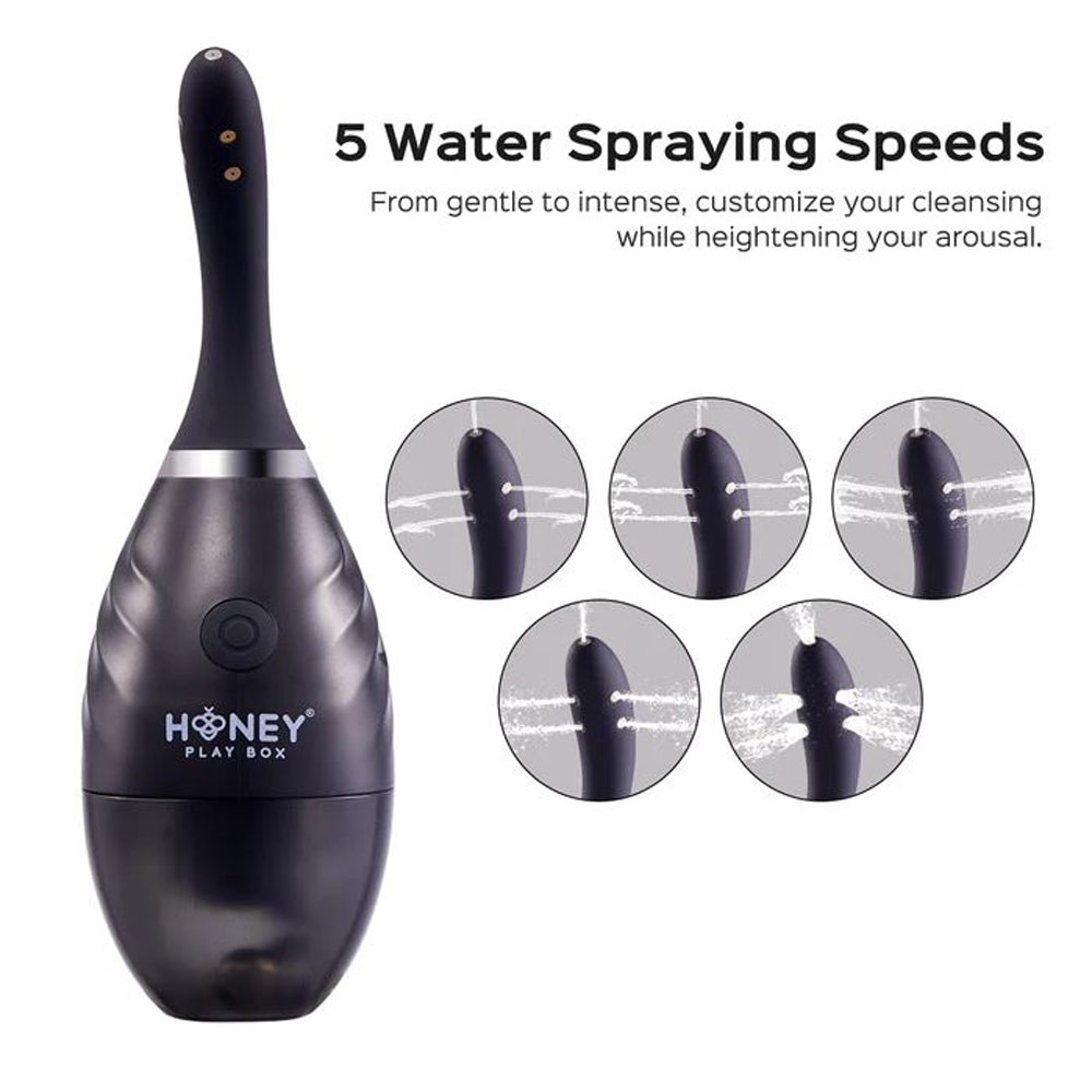 Black anal douche system with five water spray speeds.