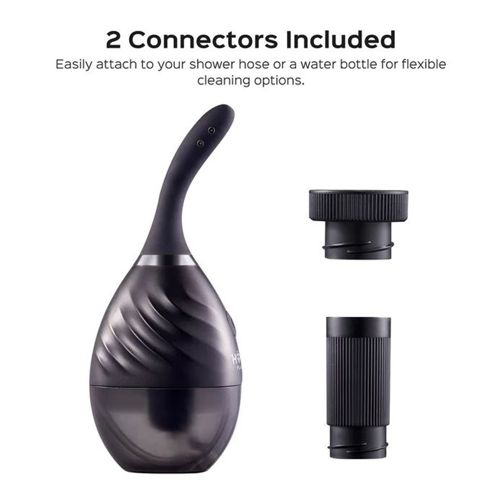 A black anal douche system with a curved nozzle and two black connectors.