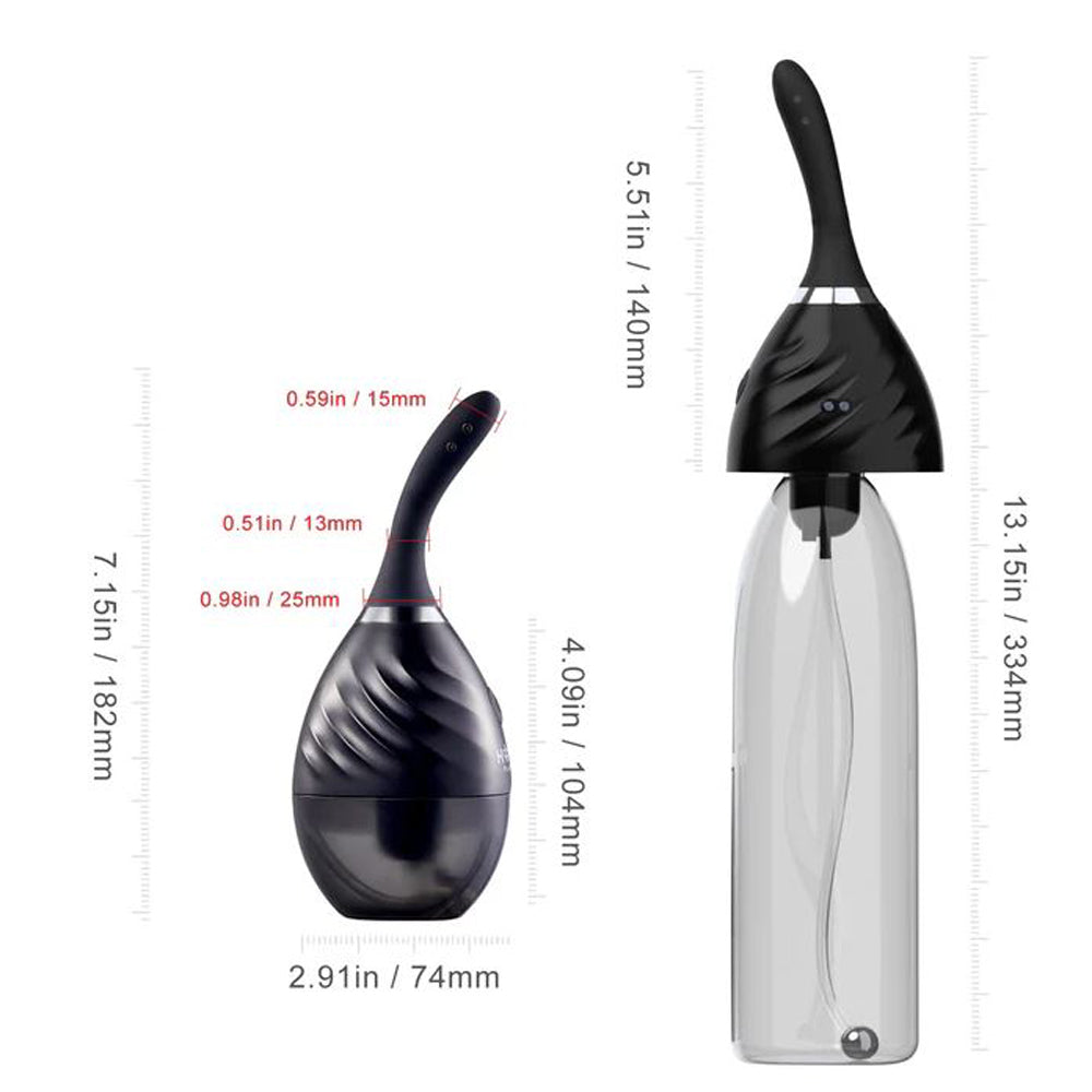 Two anal douche systems with dimensions labeled.