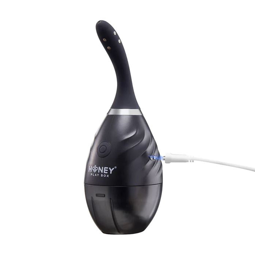 Black rechargeable anal douche system with a curved nozzle and charging cable.