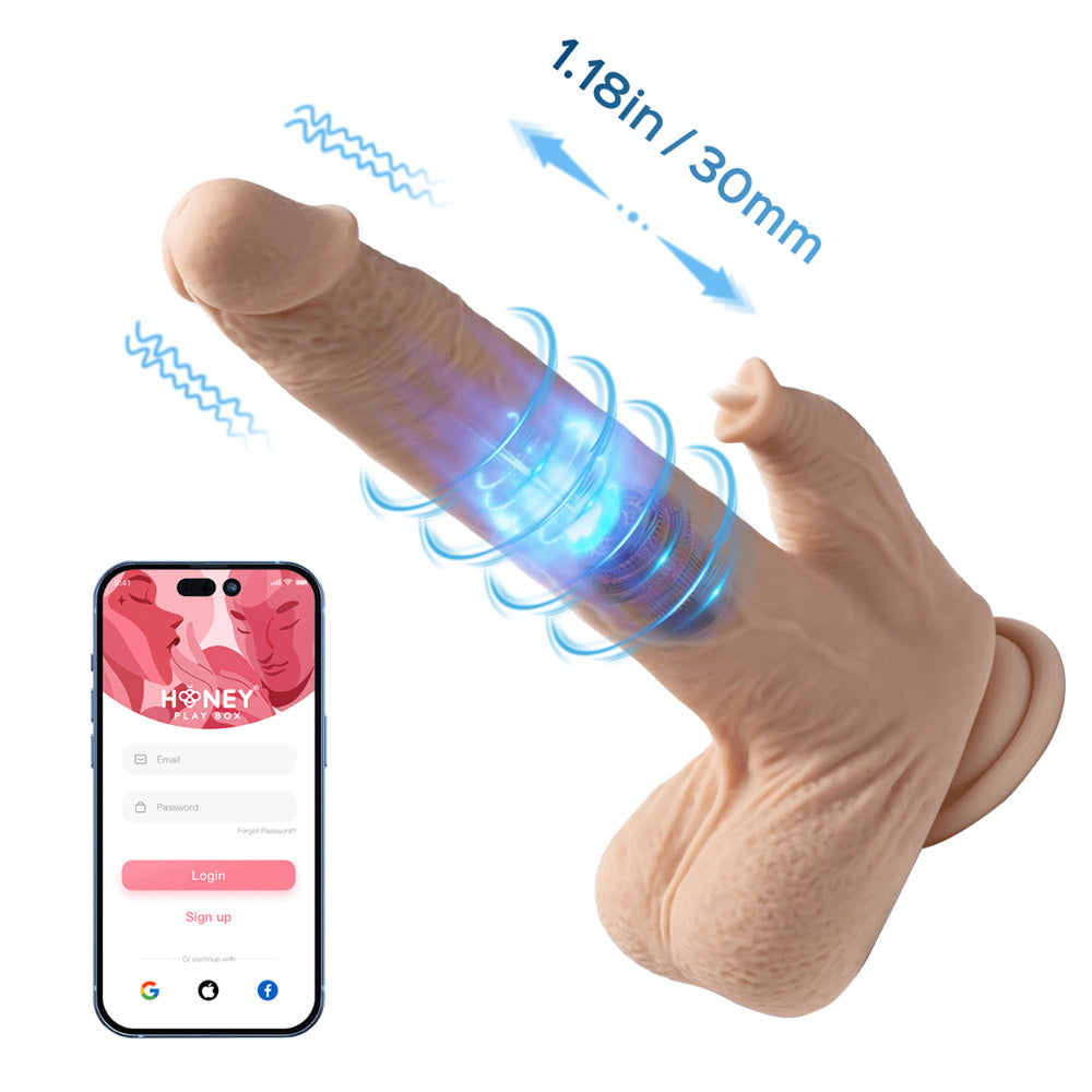 App-controlled thrusting and licking realistic dildo with smartphone interface.