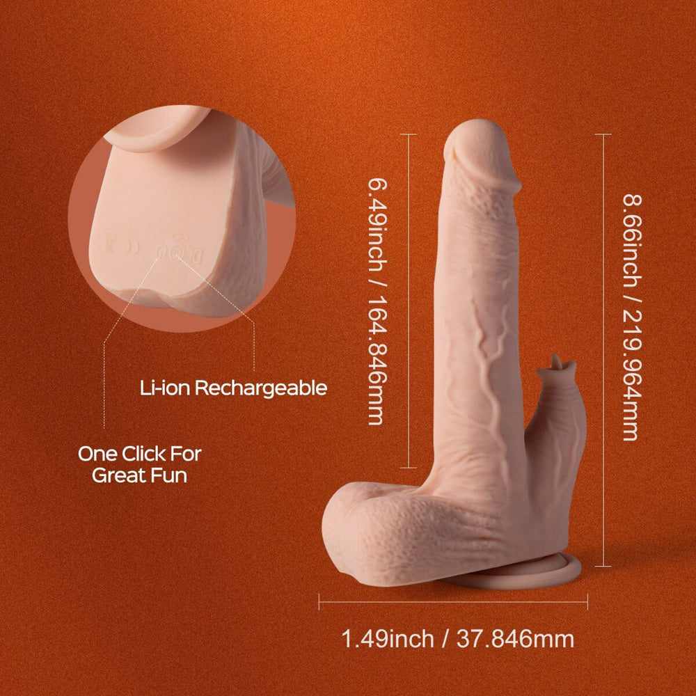 Realistic pink dildo with app control, thrusting, licking, and dimensions shown.