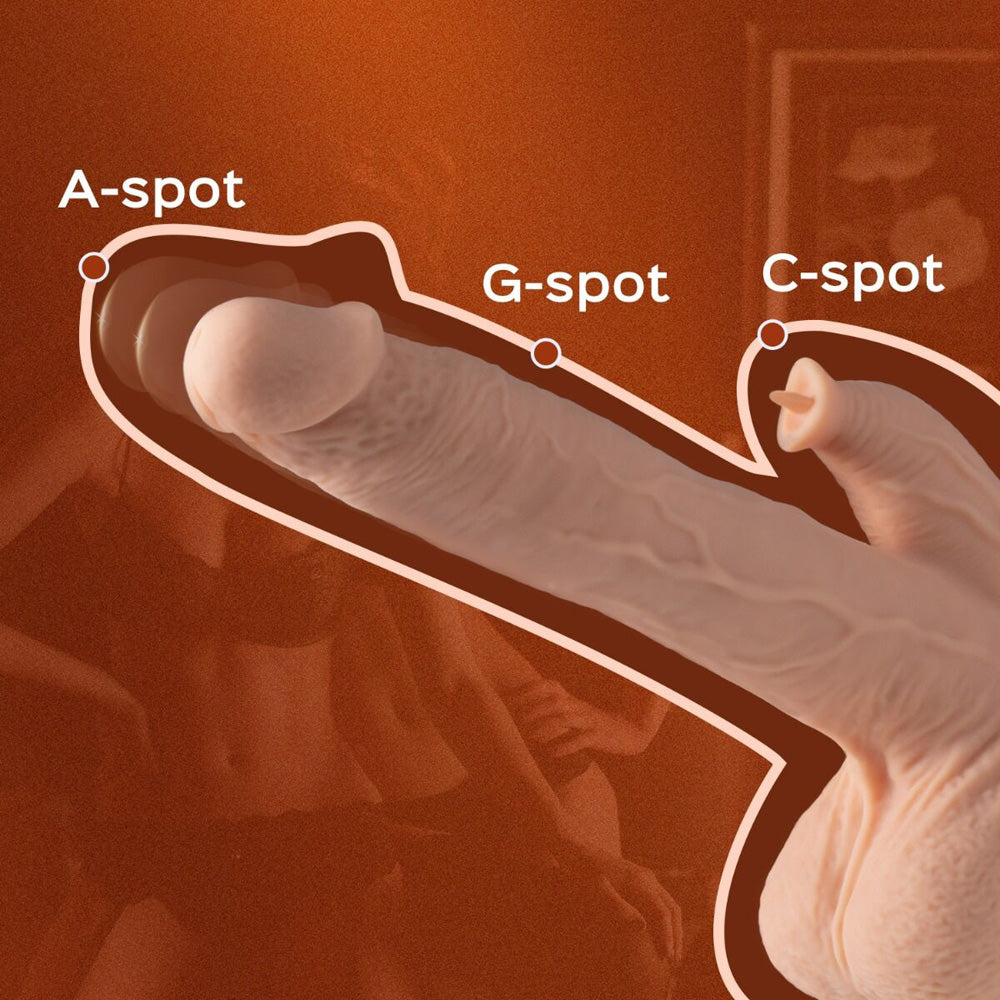 App-controlled thrusting and licking realistic dildo with highlighted erogenous zones.