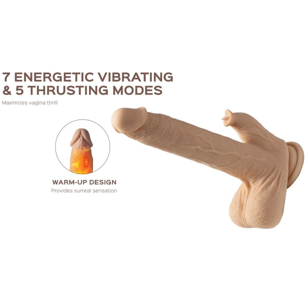 Realistic dildo with app control, thrusting, licking, and warming features.