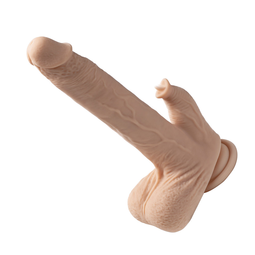 Realistic app-controlled thrusting and licking dildo in flesh tone, 8.66 inches long.
