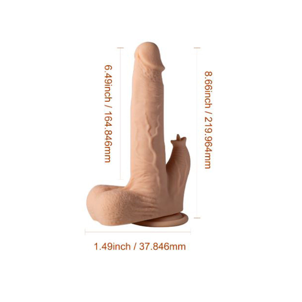 Realistic tan dildo with thrusting and licking features, app-controlled, dimensions shown.