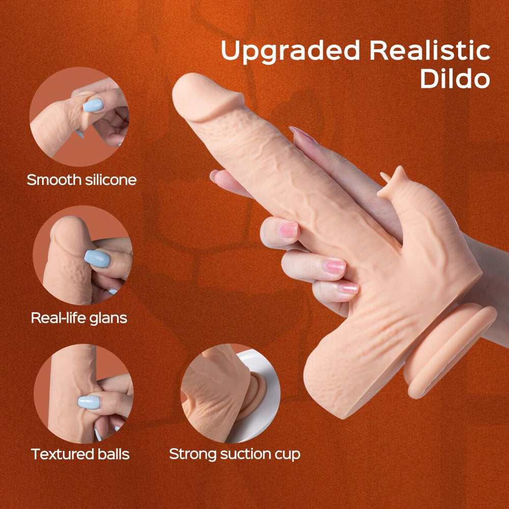 Realistic dildo with smooth silicone, real-life glans, textured balls, and strong suction cup.