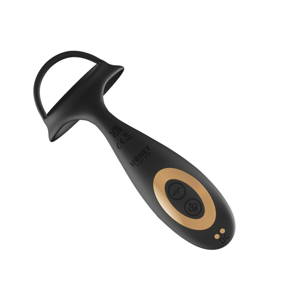 Black app-controlled thrusting prostate massager with a cock ring.