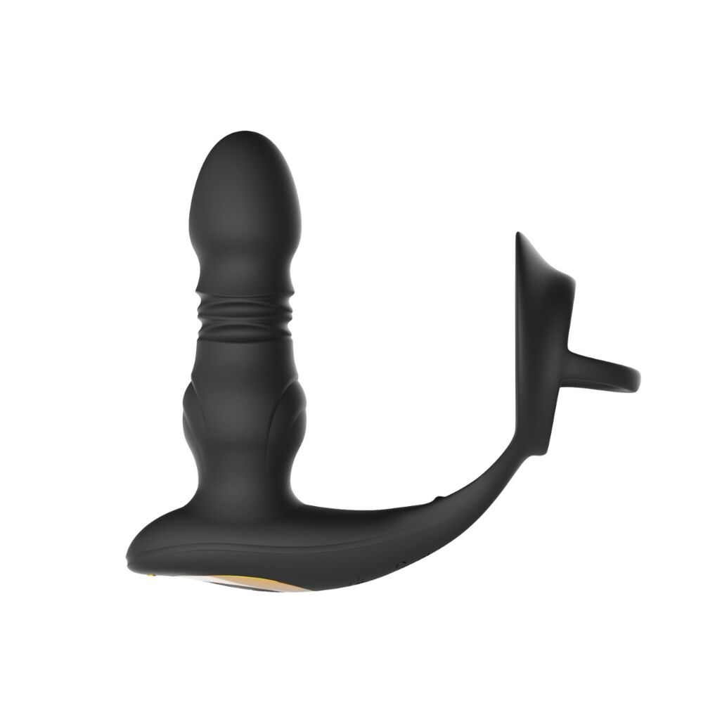 Black app-controlled thrusting prostate massager with cock ring.