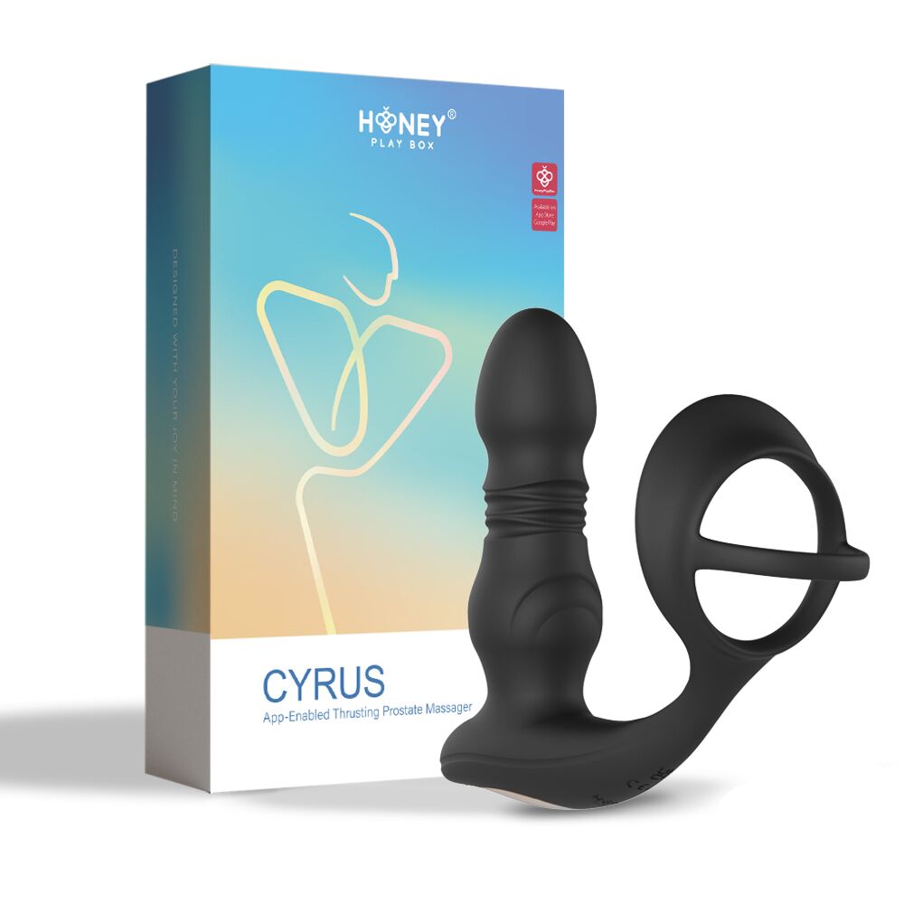 Black app-controlled thrusting prostate massager with cock ring.