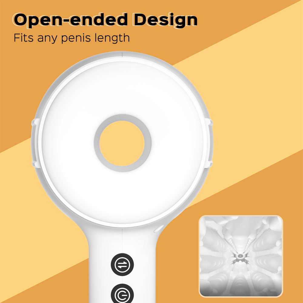 White rechargeable male masturbator with open-ended design, thrusting controls, and vibration buttons.