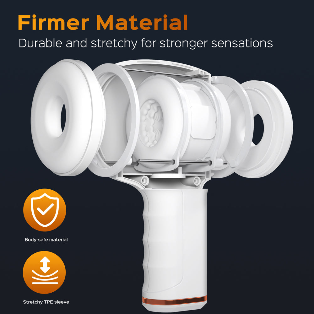 Exploded view of a white automatic thrusting masturbator with text about firmer material.