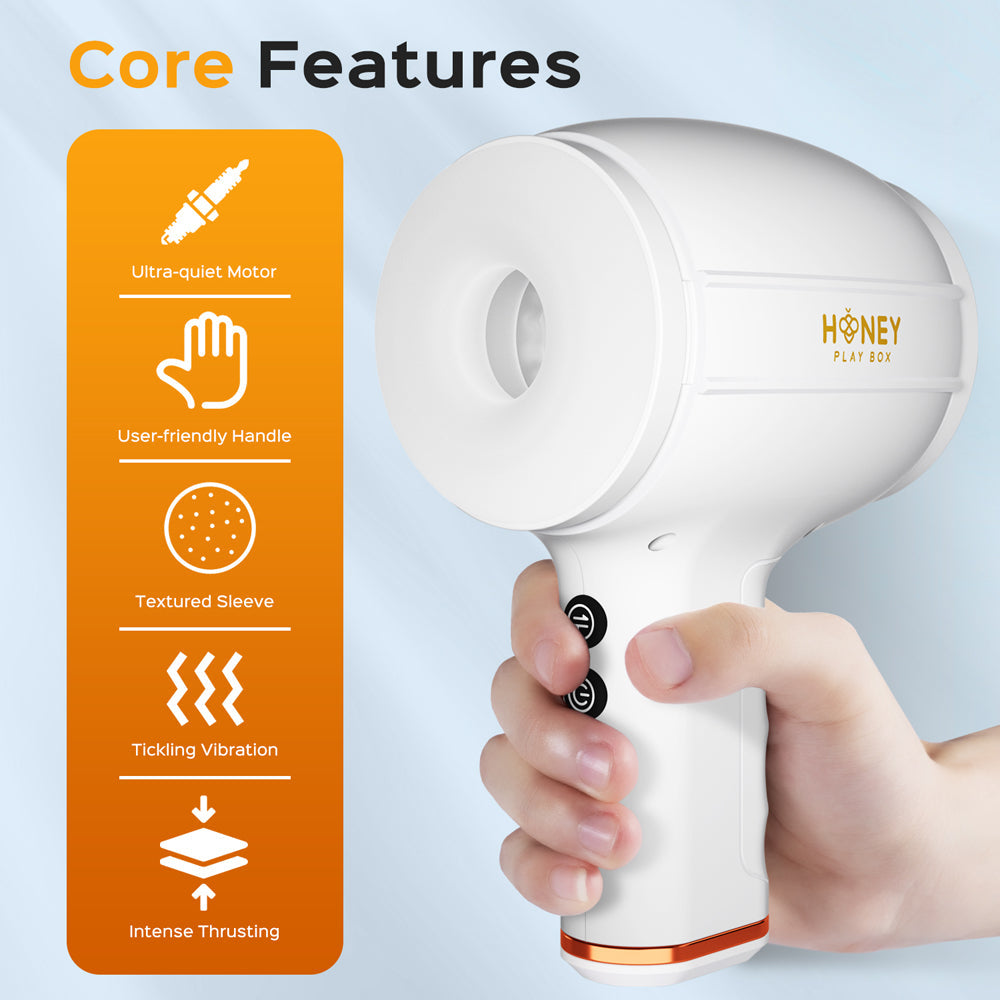 A white automatic thrusting masturbator with a textured sleeve and user-friendly handle.