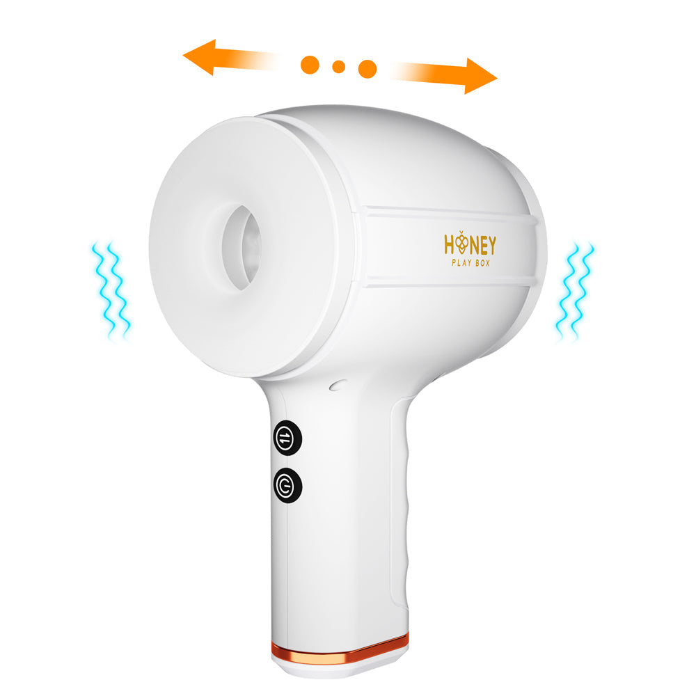 White automatic thrusting masturbator with "Honey Play Box" logo.
