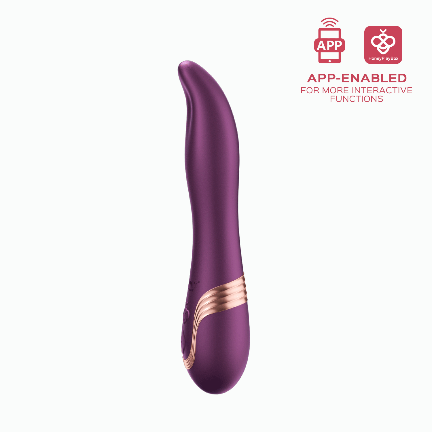 Purple app-enabled licking vibrator with silicone G-spot tip and gold accents.