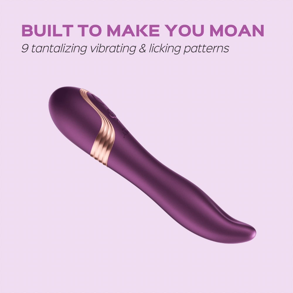 A purple silicone vibrator with gold accents and a curved tip.