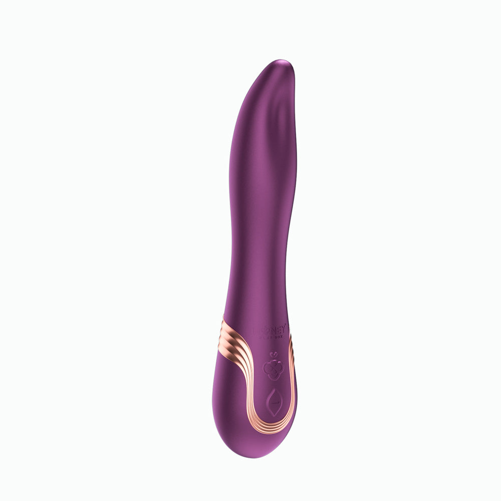 Purple silicone G-spot vibrator with gold accents and app control.