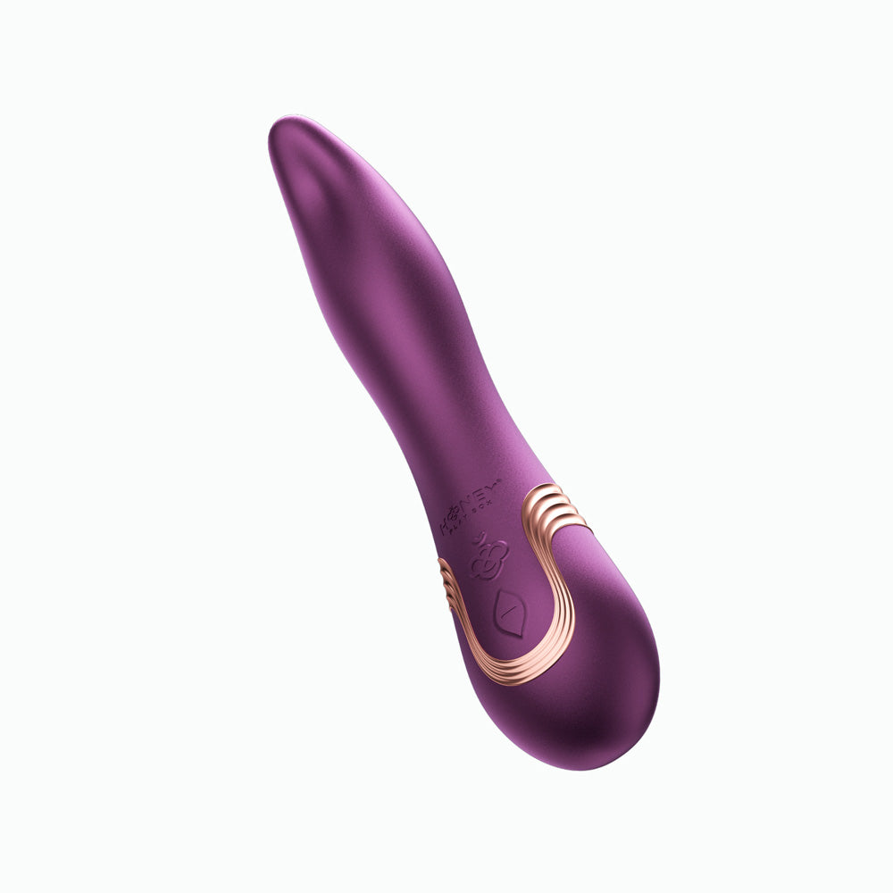 A purple silicone G-spot toy with gold accents and app control.