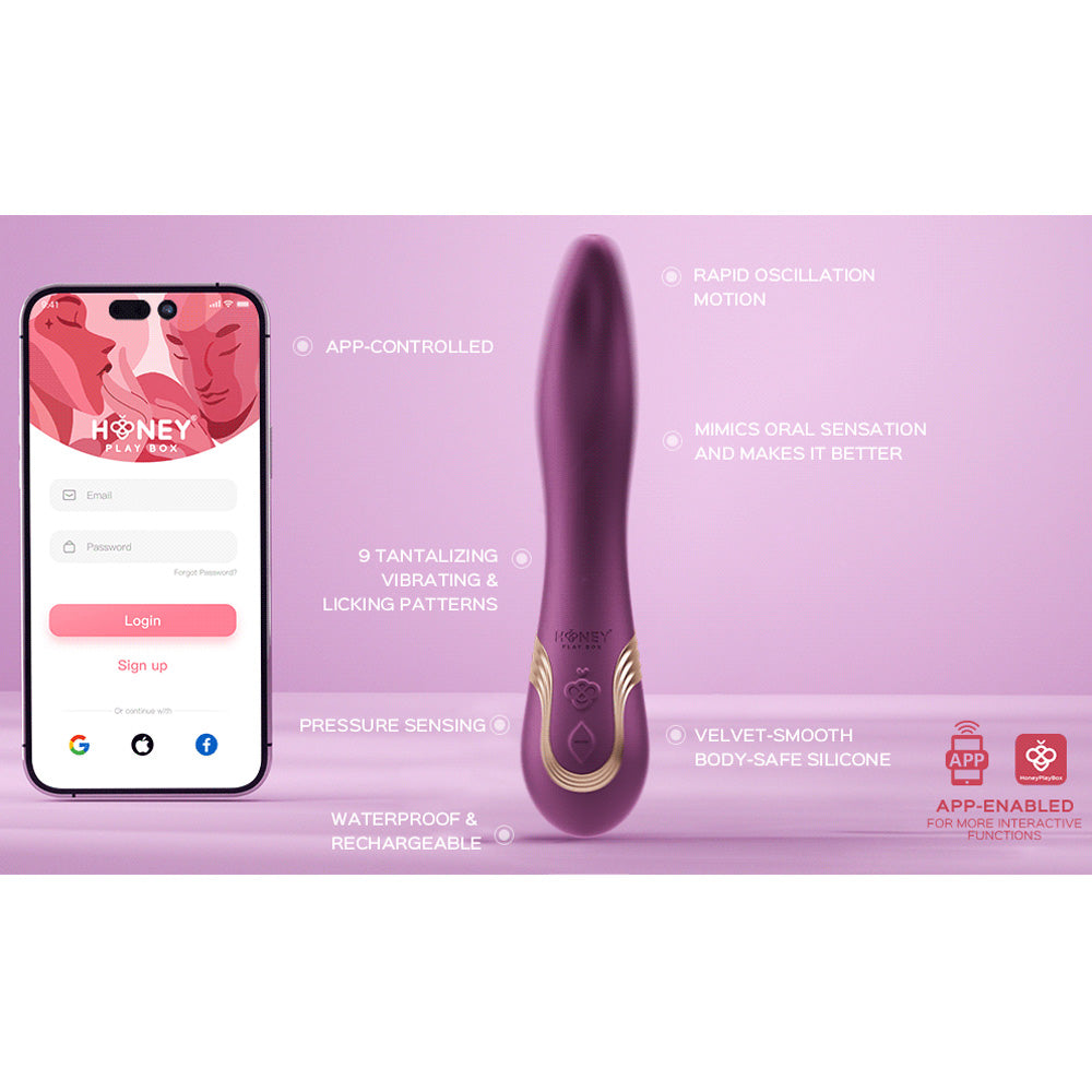 App-enabled purple silicone licking vibrator with 9 patterns.