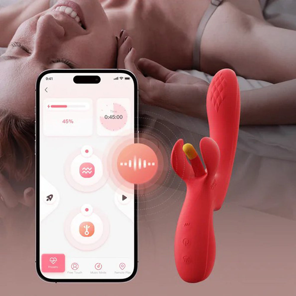 Red app-controlled vibrator with dual stimulation and a phone interface.