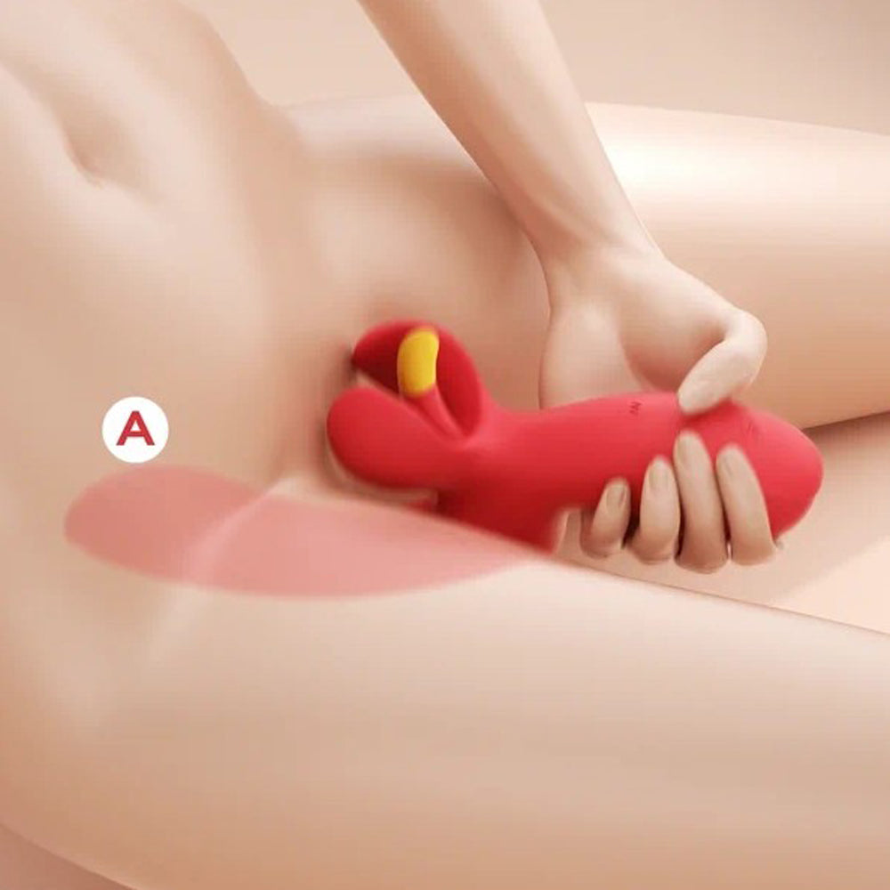 Red app-controlled vibrator with clitoral petal and G-spot stimulator held near body.