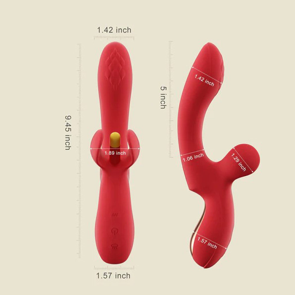 Two red vibrators with measurement labels.