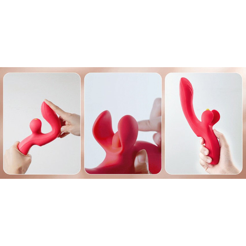 Red vibrator with multiple stimulation points held by hands.