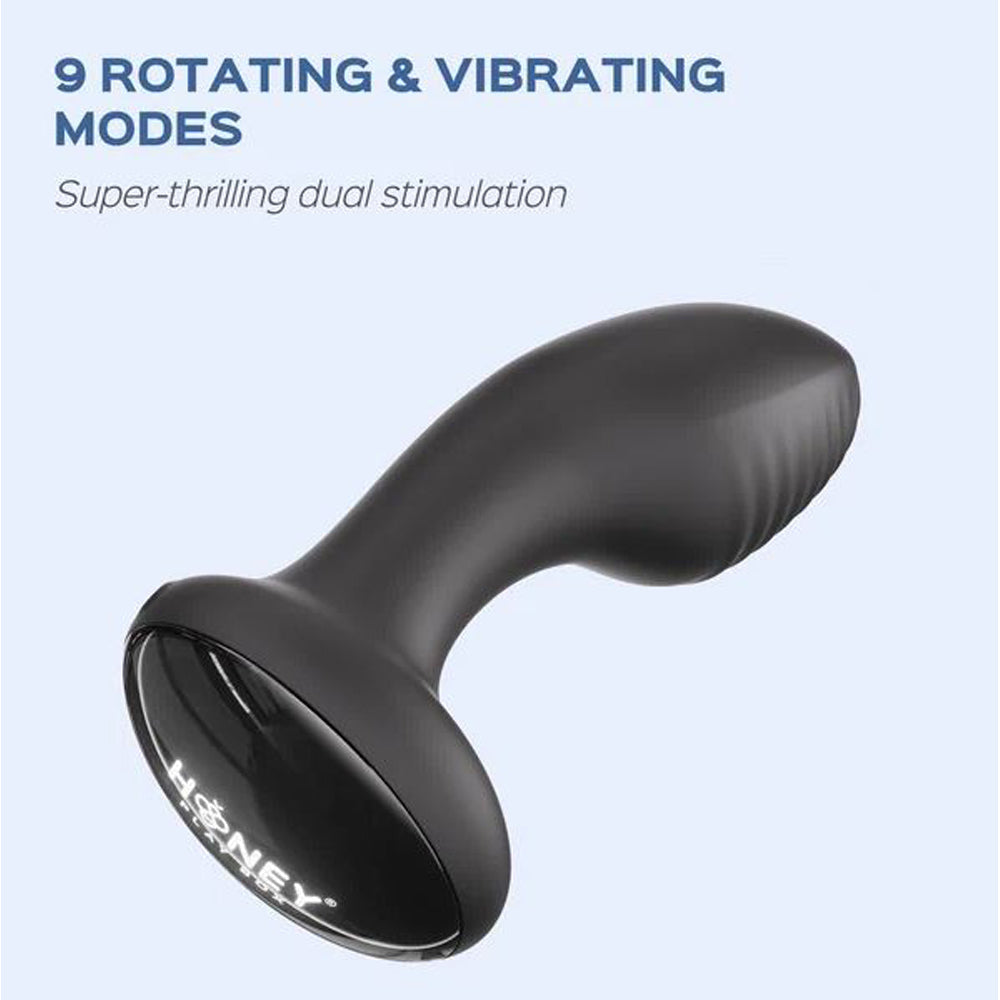 Black rotating and vibrating anal vibrator with "Honey" logo.