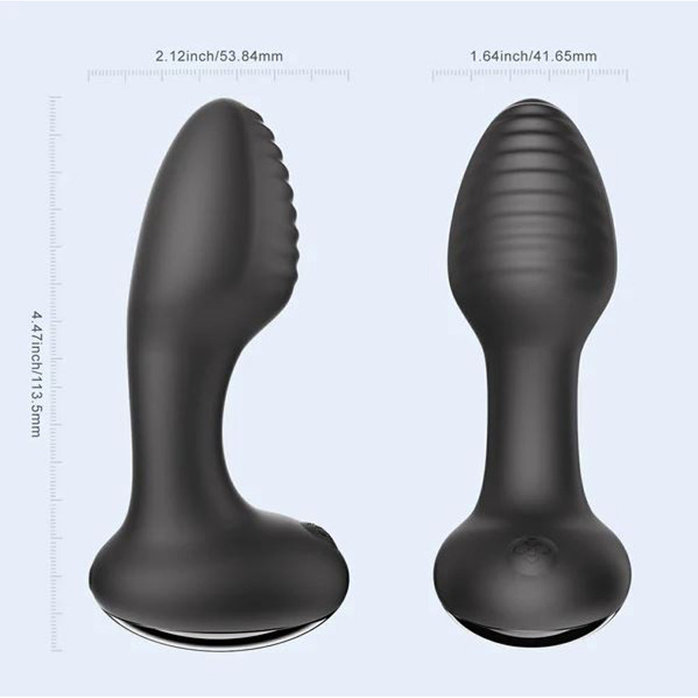 Two black anal vibrators, one curved and one straight, with dimensions shown.